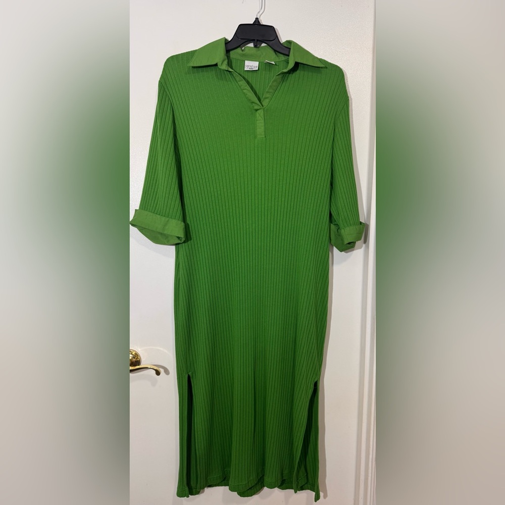 Elegant Green Ribbed Long Sleeve Dress